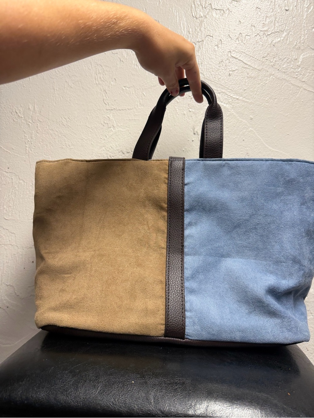 Estee Lauder Two-Tone faux Suede Tote in Brown and Light Blue